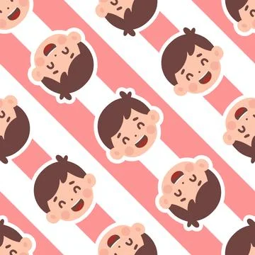 Seamless Pattern Featuring Cheerful Boy Emoticons on Diagonal Pink and Whit.. Stock Illustration