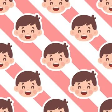 Seamless Pattern Featuring Cheerful Boy Emoticons on Diagonal Pink Stripes Illustrazione stock