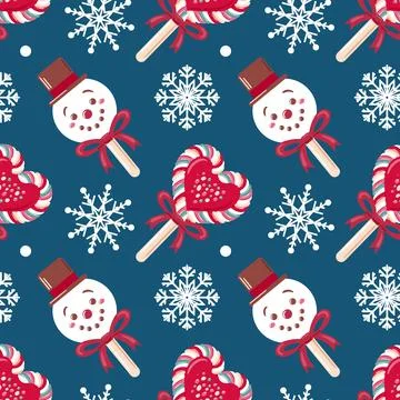 Seamless pattern featuring cheerful snowmen, candy canes, hearts, and snowflakes Stock Illustration