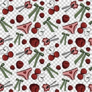 Seamless pattern featuring cherries, raspberries, green bows, pink panties Illustrazione stock