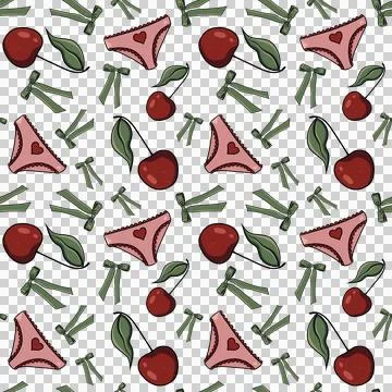 Seamless pattern featuring cherries, raspberries, green bows, pink panties Stock Illustration