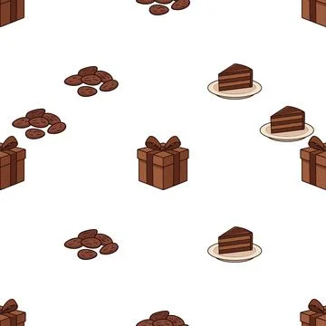 Seamless Pattern Featuring Chocolate Cake Slices Gift Boxes and Cocoa Beans. Stock Illustration