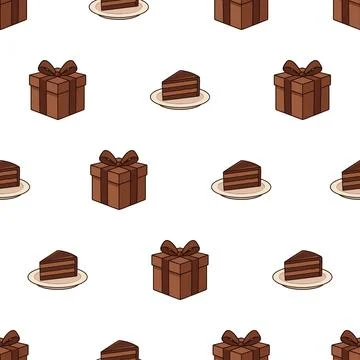 Seamless Pattern Featuring Chocolate Cake Slices and Gift Boxes. Stock Illustration