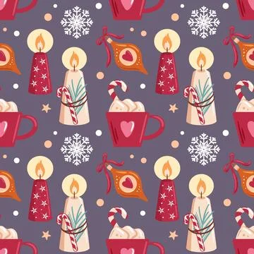 Seamless pattern featuring Christmas candles, tree ornaments, snowflakes, and 库存插图