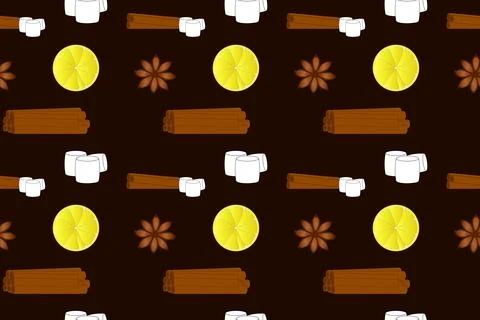 Seamless pattern featuring cinnamon sticks, marshmallows, lemon slices, and s Stock Illustration
