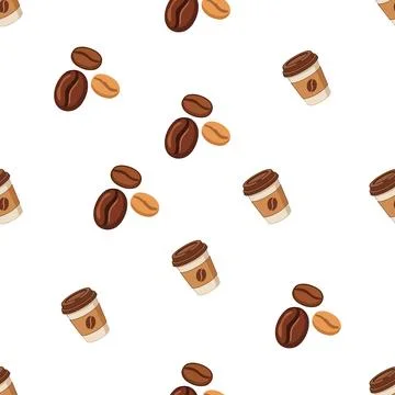 Seamless Pattern Featuring Coffee Beans and Disposable Paper Cups. Stock Illustration