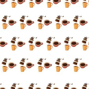 Seamless Pattern Featuring Coffee Cups and Vintage Grinders on White Backgr.. Illustrazione stock