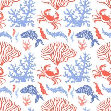 A seamless pattern featuring colorful corals, vibrant fish, and playful crabs Illustrazione stock