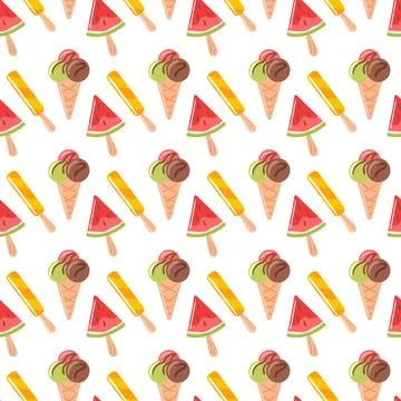 A seamless pattern featuring colorful ice cream cones with watermelon and Stock Illustration