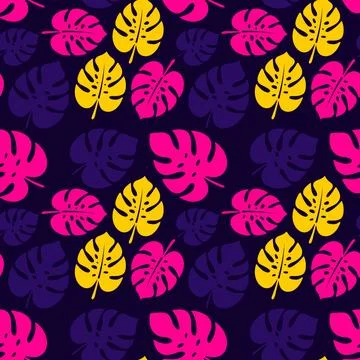 Seamless pattern featuring colorful neon pink and yellow monstera leaves Stock Illustration