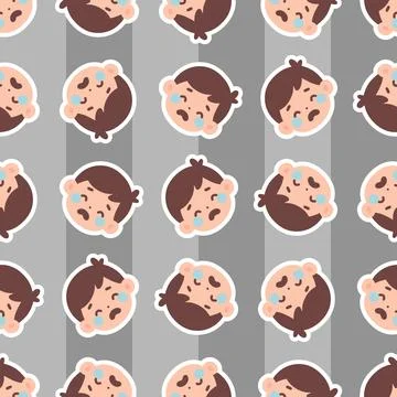 Seamless pattern featuring crying boy emoticons on gray striped background .. イラスト素材
