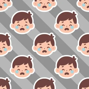 Seamless Pattern Featuring Crying Boy Emoticons on a Diagonal Striped Grey .. 스톡 일러스트