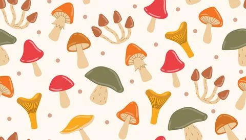 Seamless pattern featuring cute autumn mushrooms and scattered dots. Warm and Illustrazione stock