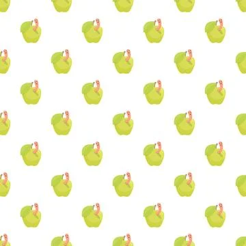Seamless pattern featuring cute cartoon worm in green apple Stock Illustration