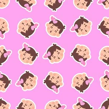 Seamless Pattern Featuring Cute Cartoon Girl Faces with Heart Hair Accessorie Stock Illustration