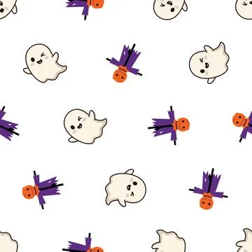 Seamless Pattern Featuring Cute Cartoon Ghosts and Scarecrows for Halloween. Stock Illustration