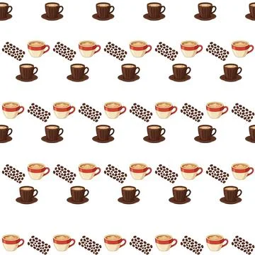 Seamless Pattern Featuring Cute Coffee Cups and Roasted Coffee Beans on Whi.. Stock Illustration