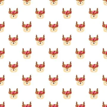 Seamless pattern featuring cute deer faces with floral crowns Stock Illustration