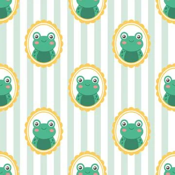 Seamless pattern featuring a cute frog in a frame against a striped backgroun Stock Illustration
