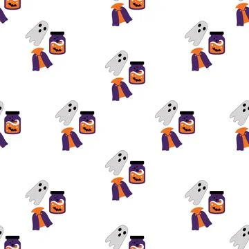 Seamless Pattern Featuring Cute Halloween Ghosts Vampires and Potion Jars. Stock Illustration