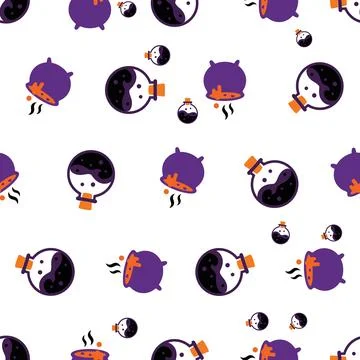 Seamless Pattern Featuring Cute Halloween Magic Potions and Cauldrons. Ilustración de archivo