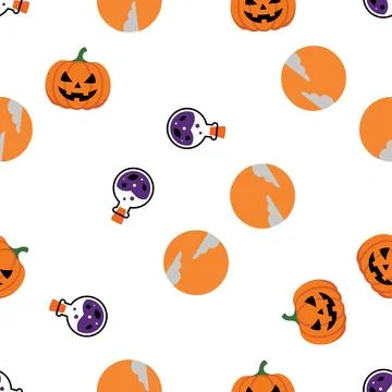 Seamless Pattern Featuring Cute Halloween Pumpkins And Magic Potions. Illustrazione stock