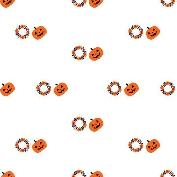 Seamless Pattern Featuring Cute Jack O Lantern Pumpkins and Autumn Wreaths .. 스톡 일러스트