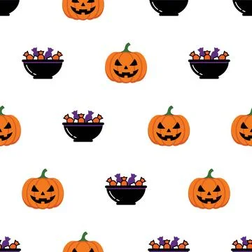 Seamless Pattern Featuring Cute Jack O Lantern Pumpkins and Bowls of Hallow.. Stock Illustration