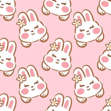 Seamless pattern featuring cute kawaii bunny faces on a soft pink background Stock Illustration
