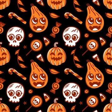 Seamless pattern featuring cute kawaii skulls, pumpkins, lollipops. This Stock Illustration
