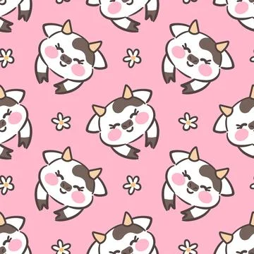 A seamless pattern featuring cute kawaii cows surrounded by flowers. The playful Stock Illustration