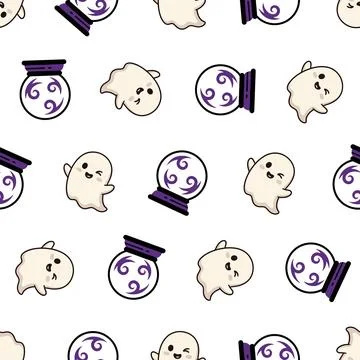 Seamless Pattern Featuring Cute Kawaii Ghosts and Crystal Balls for Halloween Stock Illustration