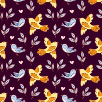 A seamless pattern featuring cute, sketched birds paired, heart, beautifull.. Stock Illustration