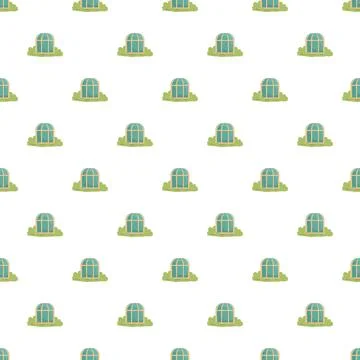 Seamless pattern featuring cute small greenhouses on grass Illustrazione stock