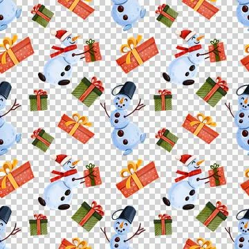 Seamless pattern featuring cute snowmen surrounded by gift boxes. Stock Illustration
