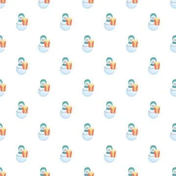 Seamless pattern featuring cute snowmen holding gift boxes Stock Illustration