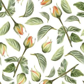 A seamless pattern featuring delicate green leaves and orange flower buds pai Stock Illustration