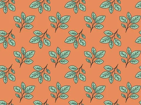 Seamless pattern featuring delicate teal leaves on a warm coral background... Stock Illustration