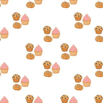 Seamless Pattern Featuring Delicious Bakery Pastries and Sweet Cupcakes. Stock Illustration