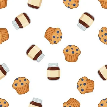 Seamless Pattern Featuring Delicious Blueberry Muffins and Chocolate Spread.. Stock Illustration
