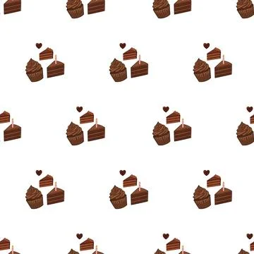 Seamless Pattern Featuring Delicious Chocolate Cake Slices and Cupcakes wit.. Stock Illustration