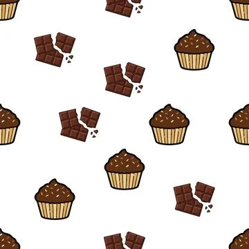 Seamless Pattern Featuring Delicious Chocolate Muffins and Broken Chocolate.. Stock Illustration