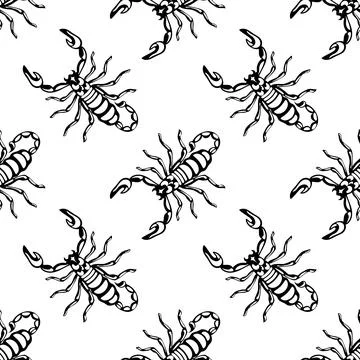 Seamless pattern featuring detailed scorpions in dynamic poses, showcasing their Stock Illustration