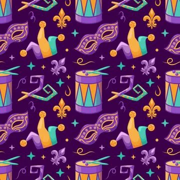 A seamless pattern featuring drums, jester hats, fleur-de-lis motifs, party Stock Illustration