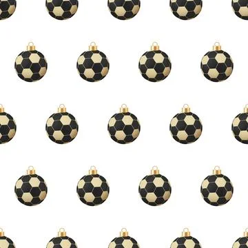 Seamless pattern featuring elegant black and gold soccer ball Christmas orn.. Stock Illustration