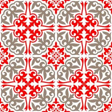 Seamless pattern featuring elegant red gold Central Asian ornamental motifs 스톡 일러스트