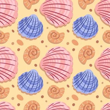 A seamless pattern featuring an elegant variety of seashells, showcasing in.. Illustrazione stock
