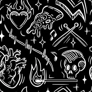 Seamless pattern featuring elements of hard rock culture. Embracing an informal 스톡 일러스트
