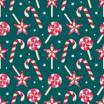 Seamless pattern featuring festive Christmas candy canes and stars. Delightful Stock Illustration