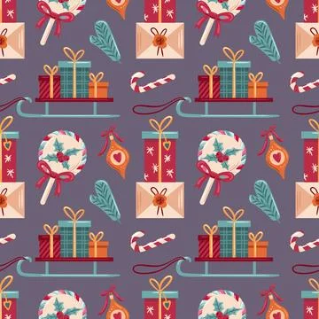 Seamless pattern featuring festive sleighs, gift boxes, Christmas ornaments, and Stock Illustration
